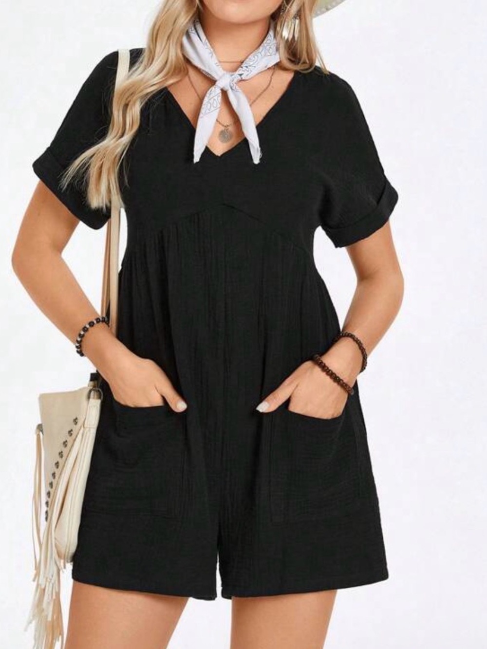 Romper! Women’s Black Crinkle Cotton V-Neck Short Sleeve with Pockets and Shorts